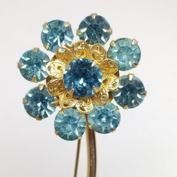 Vintage Blue Rhinestone Long Stem Flower Brooch, Gold Tone Setting, Estate - Picture 7 of 7